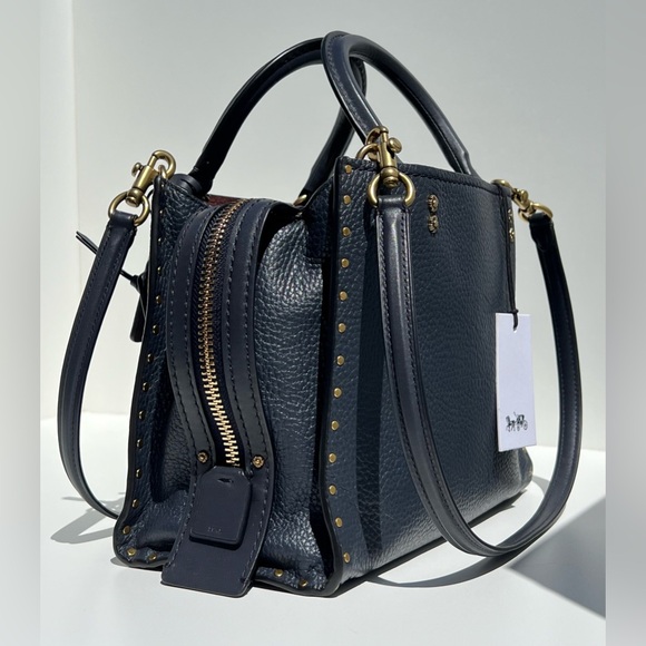 COACH 1941 Rogue 25 In Deep Navy Blue With Tea Rose Rivets - Picture 5 of 16